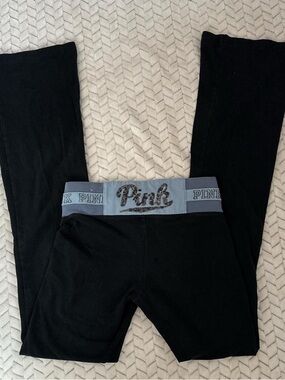 PINK Black Leggings with Gray-Blue Logo Waistband